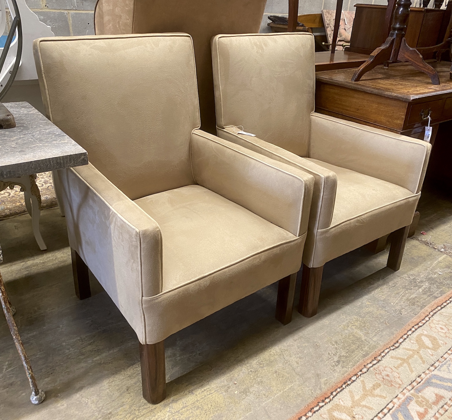 A pair of contemporary club chairs in faux suede fabric, width 62cm, depth 79cm, height 95cm